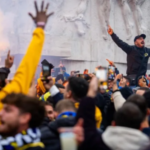 Maccabi Tel Aviv supporters gather at Dam Square before the match, in Amsterdam, The Netherlands, on November 7, 2024